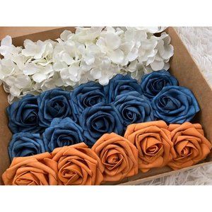 20 Count | Dusty Blue Burnt Orange Roses White Hydrangeas Bouquet Centerpiece